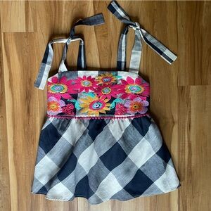 Floral Embroidered Checkered Top with Ties at Shoulders Medium